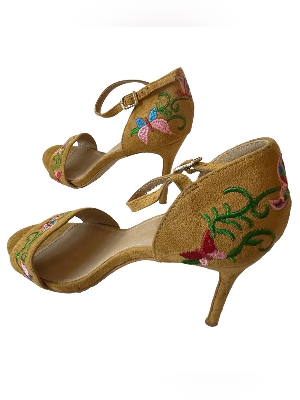 Hippie Laundry Women's Heels 10 Mustard Embroidered Ankle Strap Stiletto Boho
